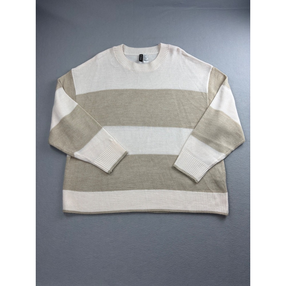 HM Divided Womens XL Oversized Beige Cream Stripe Crewneck Knit Sweater